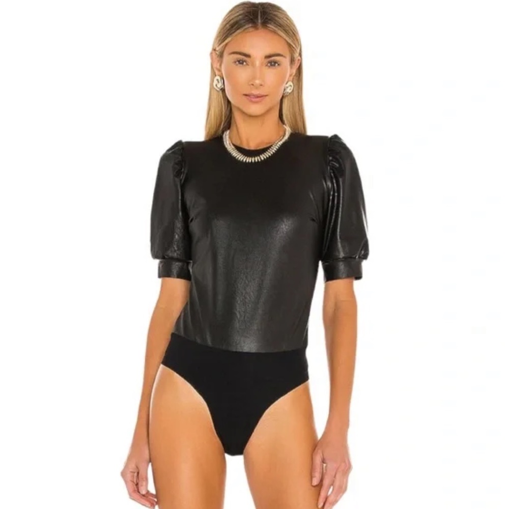 Commando Black Faux Leather Puff Sleeve Bodysuit